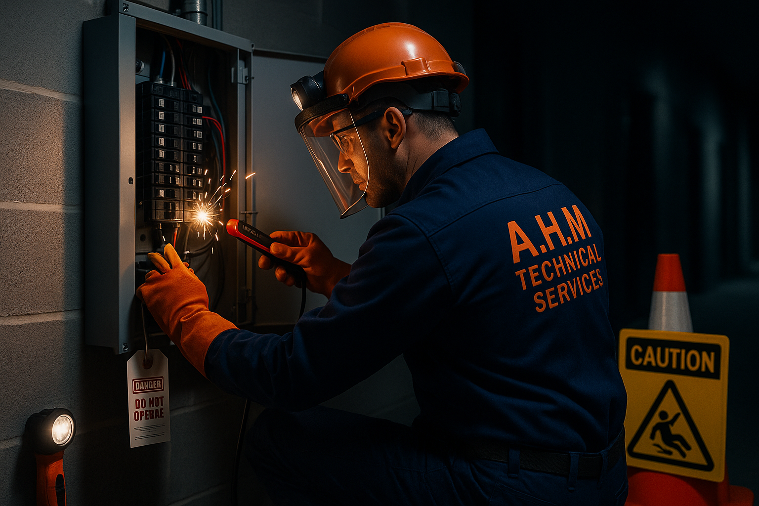 Emergency electrician fixing live fault safely