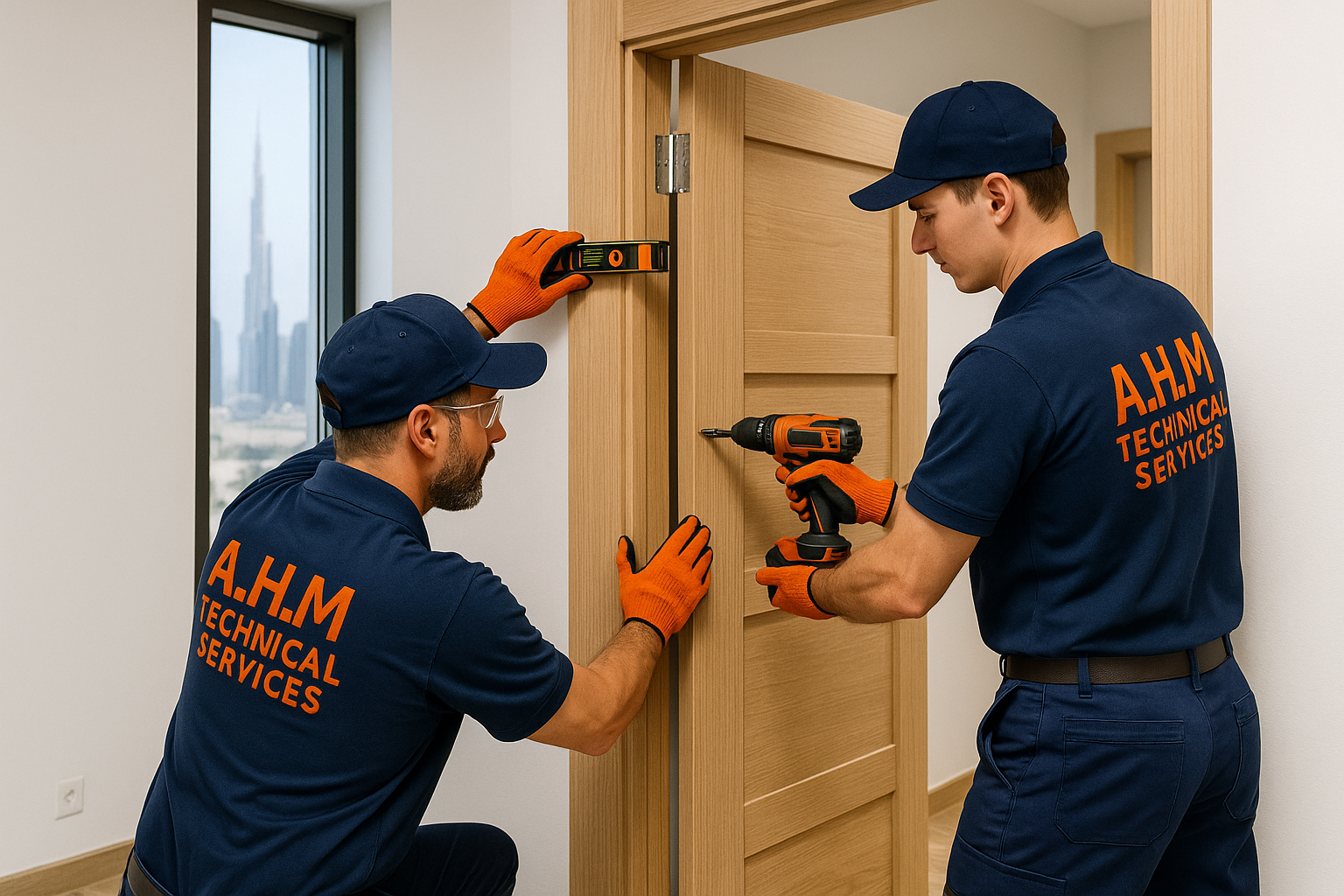 Carpenters installing interior door in Dubai