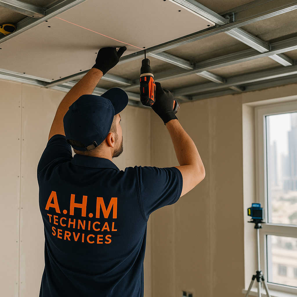 A.H.M Technical Services plumber repairing a sink trap under a kitchen cabinet in Dubai