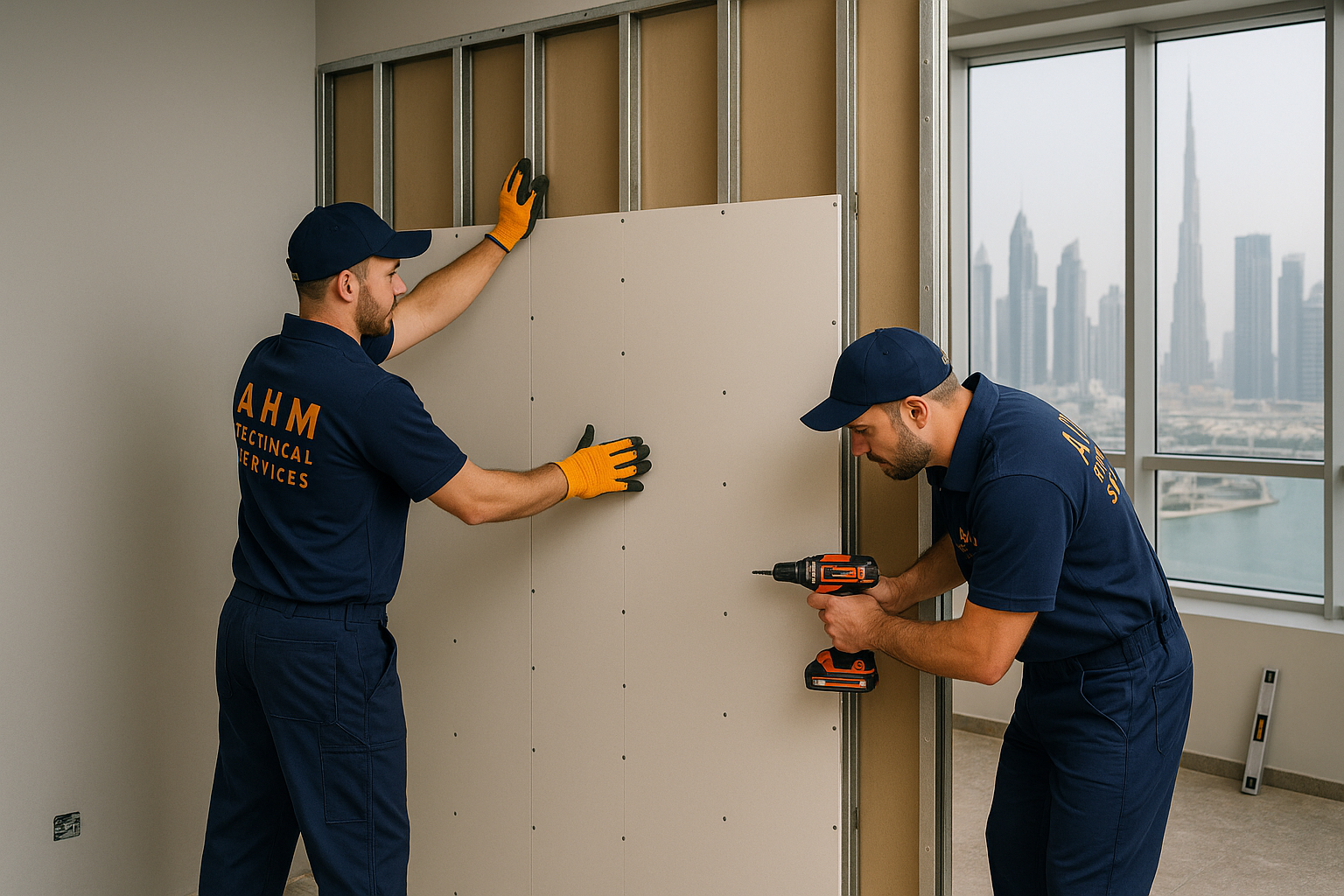 Gypsum board partition wall installation in Dubai
