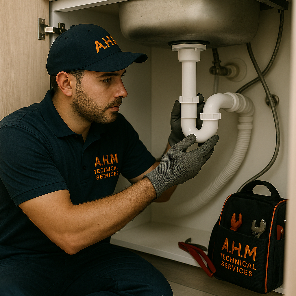 A.H.M Technical Services plumber repairing a sink trap under a kitchen cabinet in Dubai