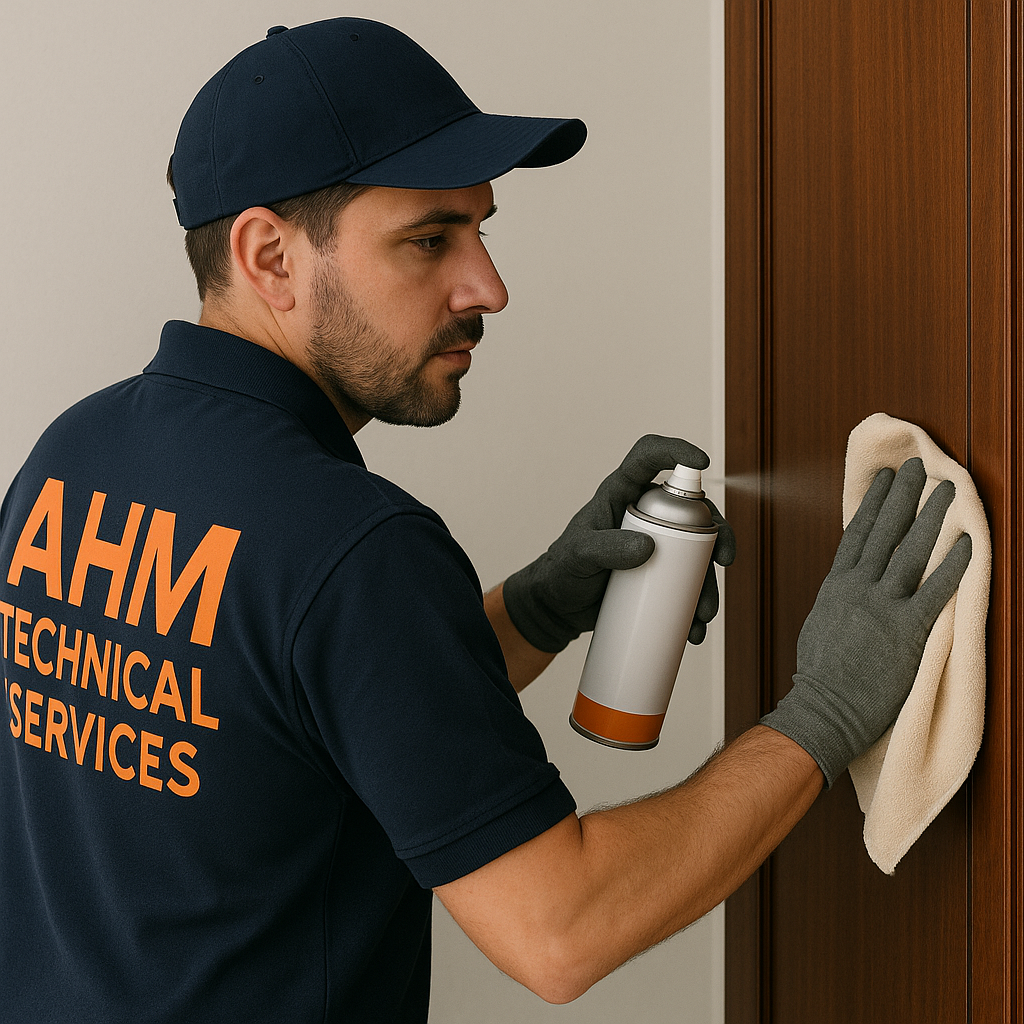 A.H.M Technical Services plumber repairing a sink trap under a kitchen cabinet in Dubai