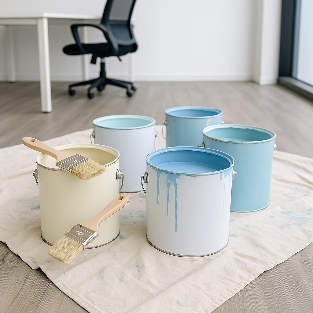 Paint cans and brushes prepared for office painting project in Dubai