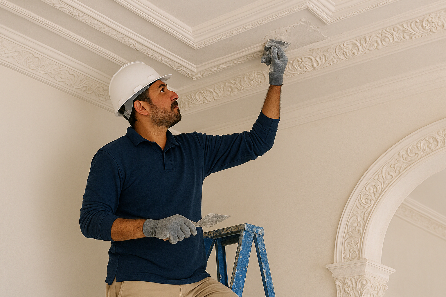 Technician repairing gypsum ceiling in Dubai