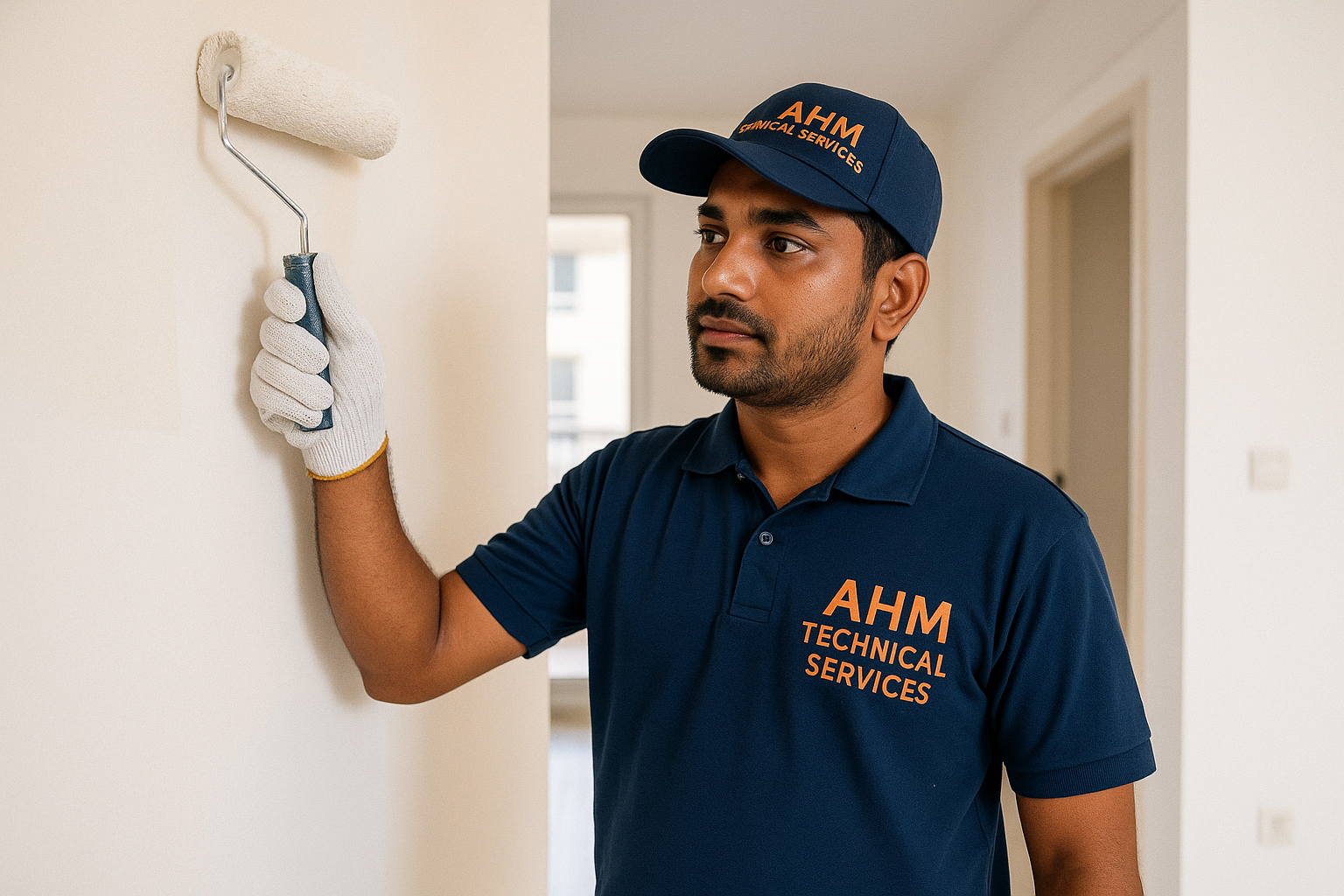 Apartment painters rolling new color on living room wall in Dubai