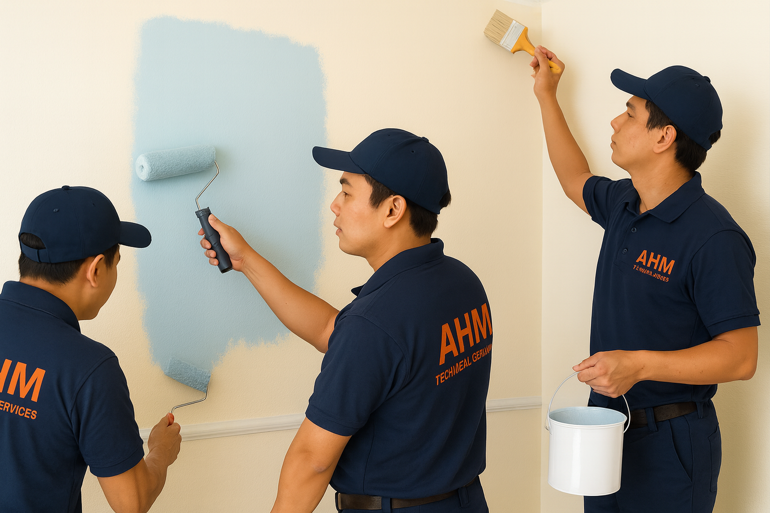 Painter finishing feature wall with teal color and crisp edges