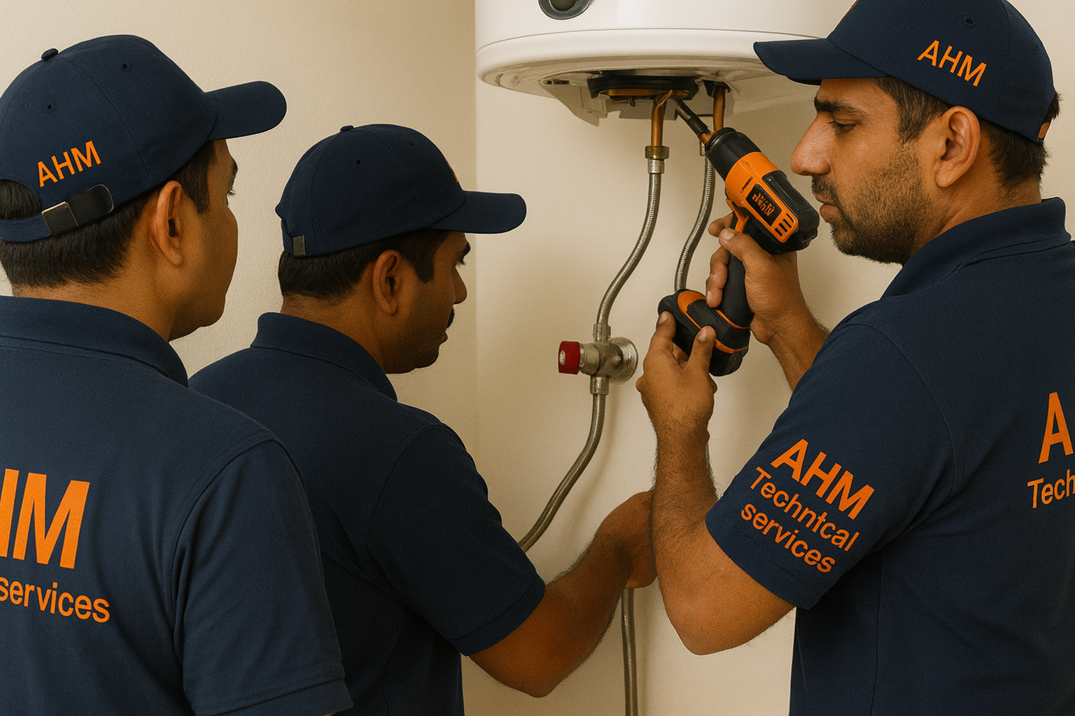 Technician repairing storage water heater and thermostats