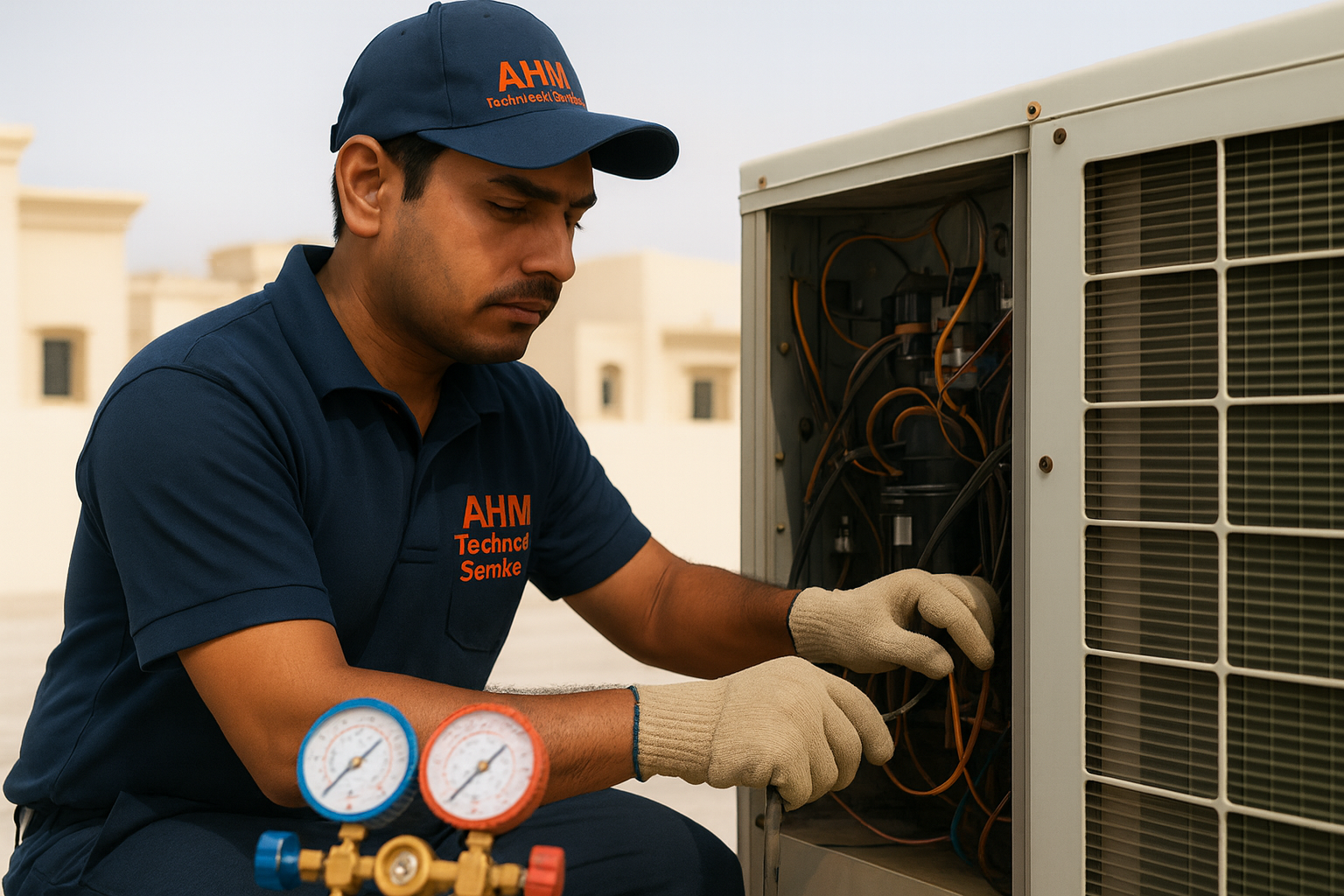 A.H.M Technical Services technician repairing a wall-mounted AC unit in Dubai