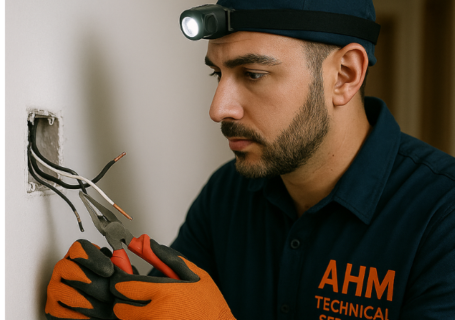 Electrician testing breakers on a distribution board