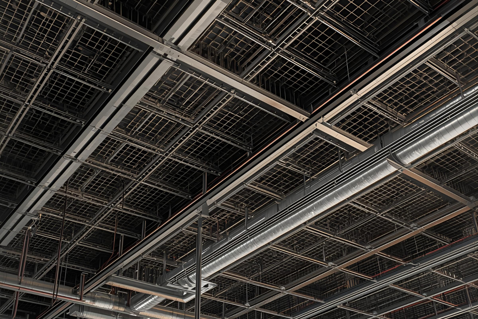 Suspended grid ceiling with recessed panels and lights