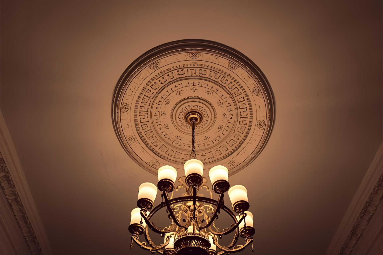 Decorative gypsum cornice and cove detail in living room ceiling